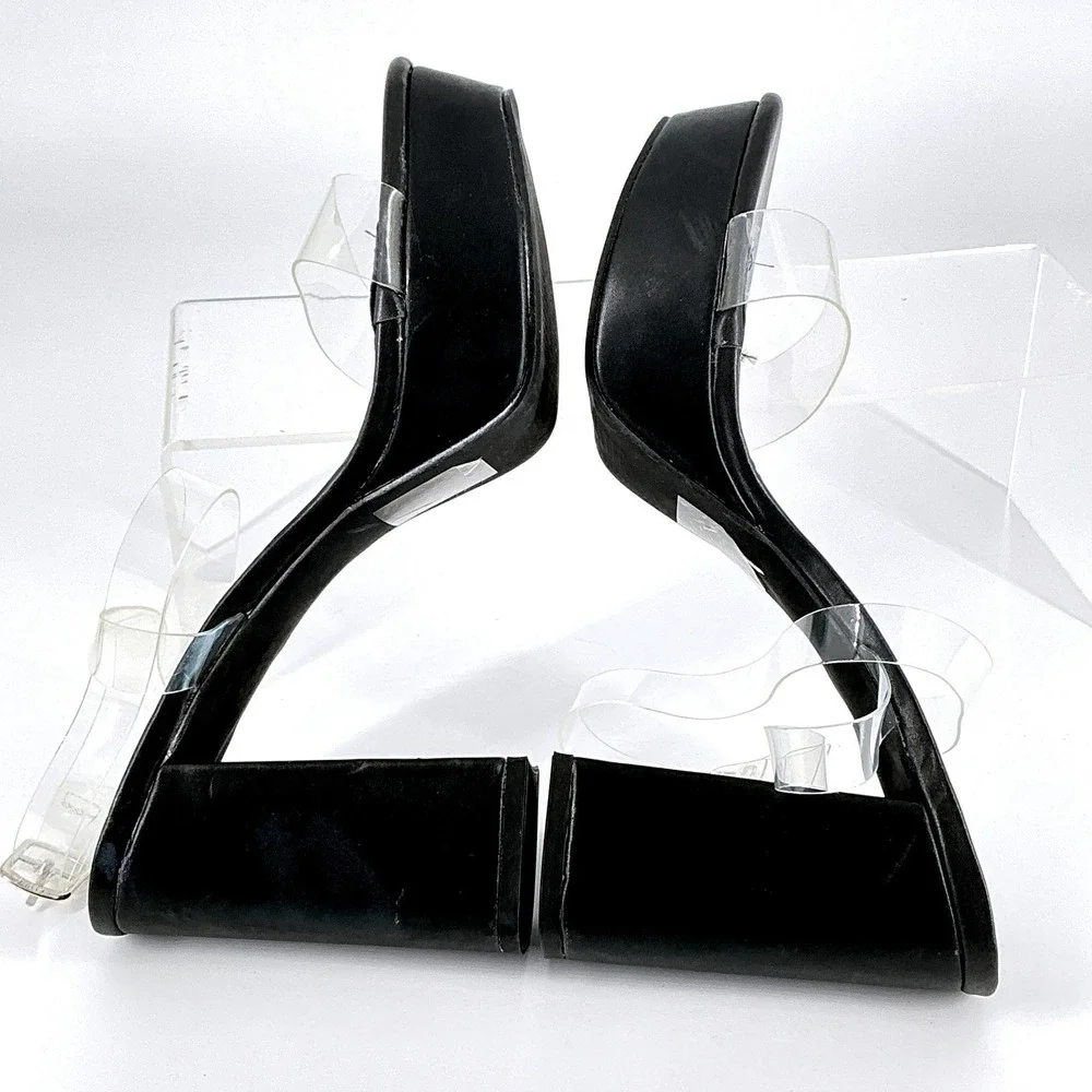 CHASE AND CHLOE Size 8.5 Black Clear Strap Platform Chunky‎ Heel Hela Sandals